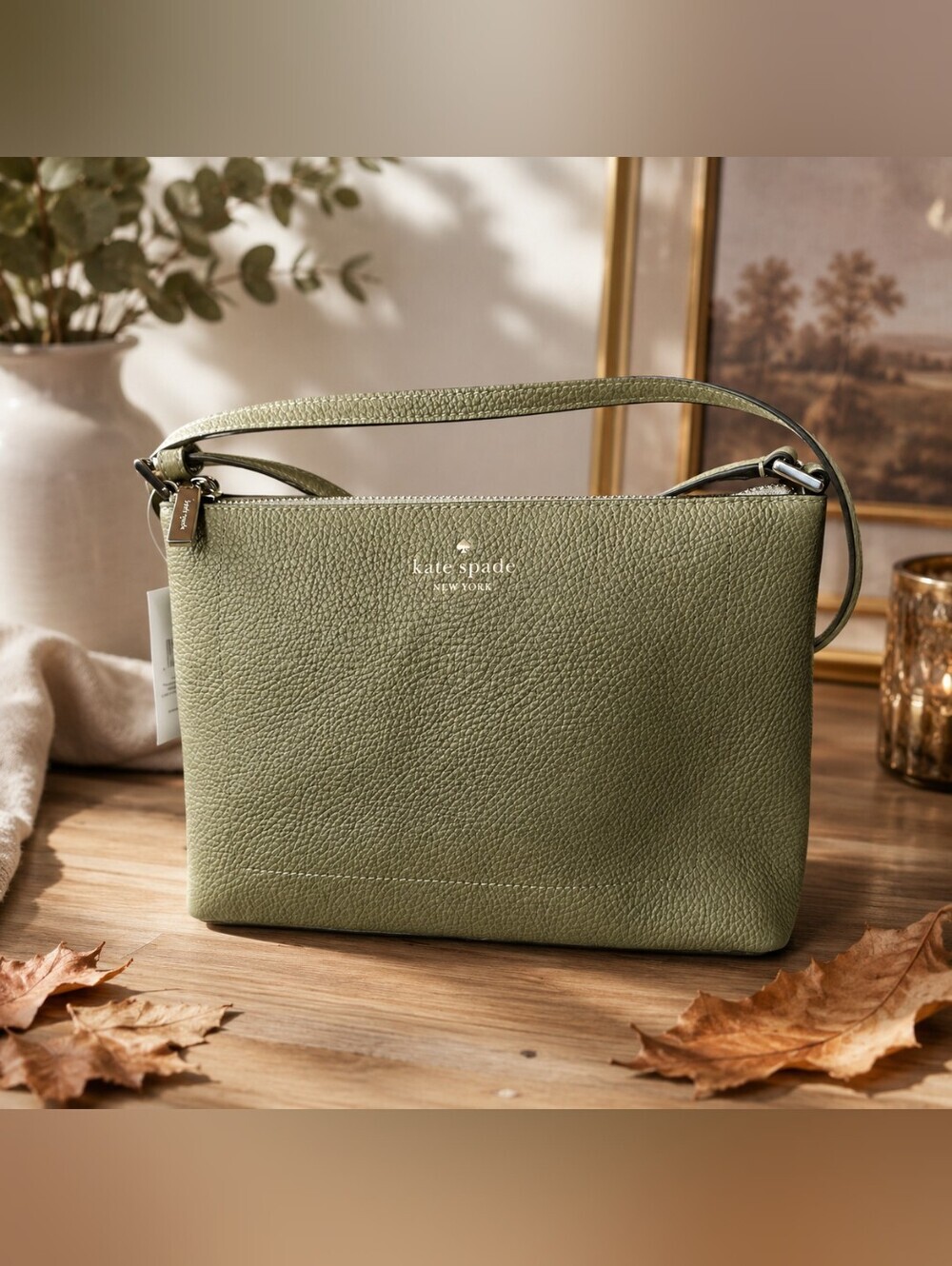 NWT Kate Spade Leila Medium Crossbody Bag Elm Green Pebbled Leather Purse KG464